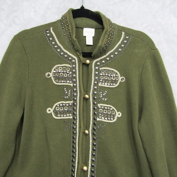 Chicos Sweater 2 Large Green Military Style Embellished Beaded Jacket Cardigan - Picture 9 of 12